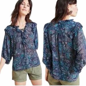 Anthropologie Boho Floral Ruffle Tie-Neck 3/4 Flowy Sleeve Blouse Medium Blue